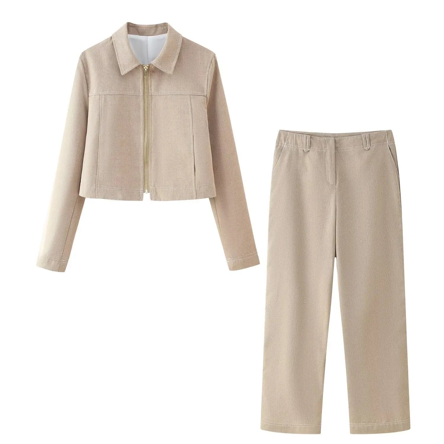 Women's herringbone pattern summer suit set with 3D embroidery on jacket and trousers