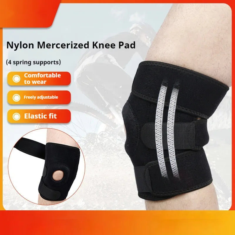 Sports knee pad with internal steel springs and nylon mercerised cloth exterior for running and basketball.
