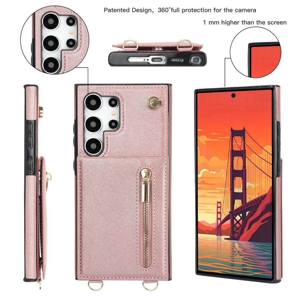 Samsung leather card holder crossbody phone case with zipper bracket in multiple colour options