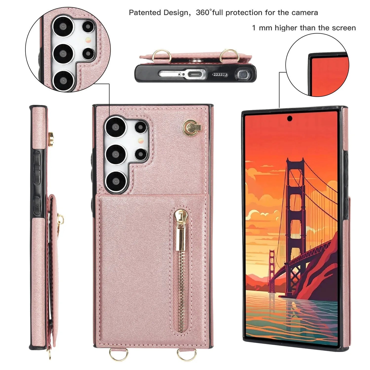 Samsung leather card holder crossbody phone case with zipper bracket in multiple colour options
