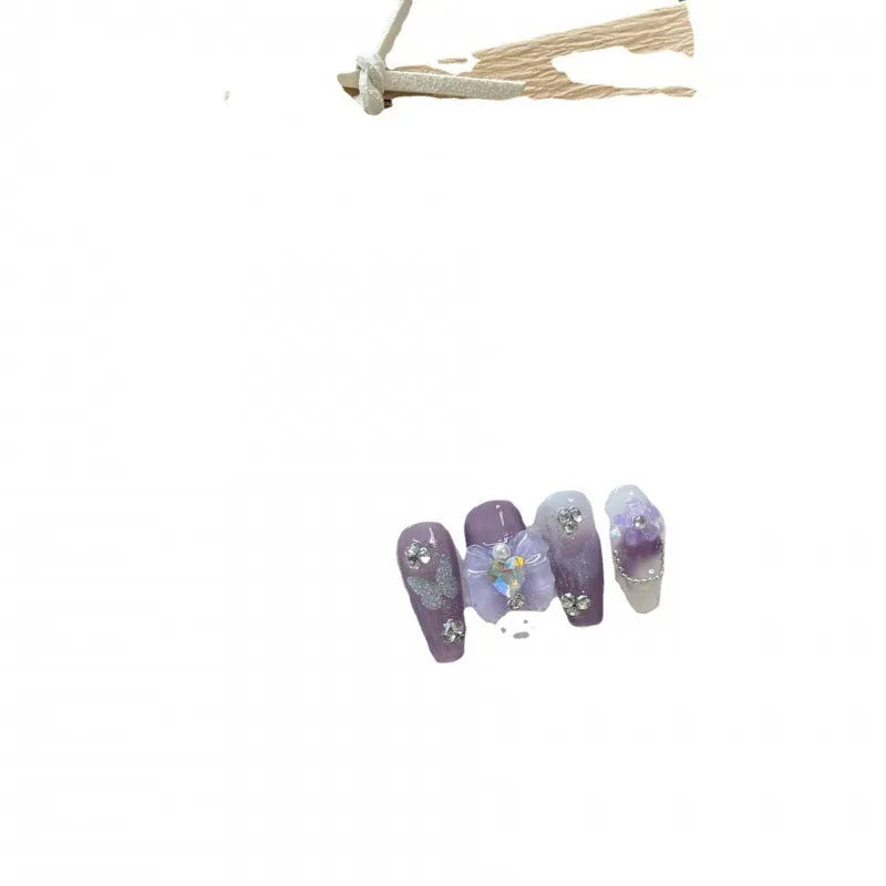 Wear Nail Pure Handmade Manicure nail stickers in Purple Iris Tectorum Butterfly design with four sizes and glue tube
