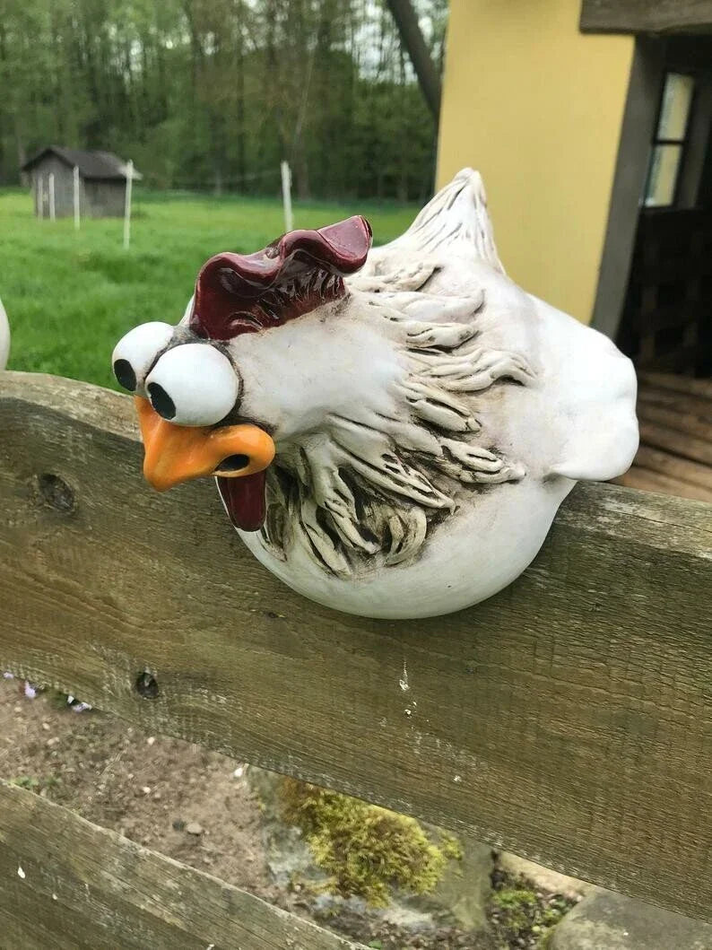 Vibrant resin chicken garden decor with comical expressions, adding a touch of Kiwi charm to outdoor spaces