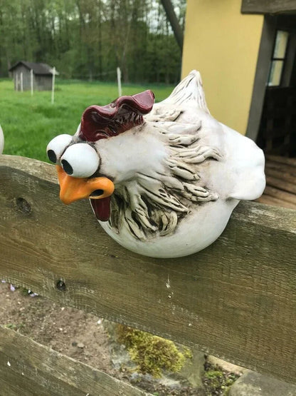 Vibrant resin chicken garden decor with comical expressions, adding a touch of Kiwi charm to outdoor spaces