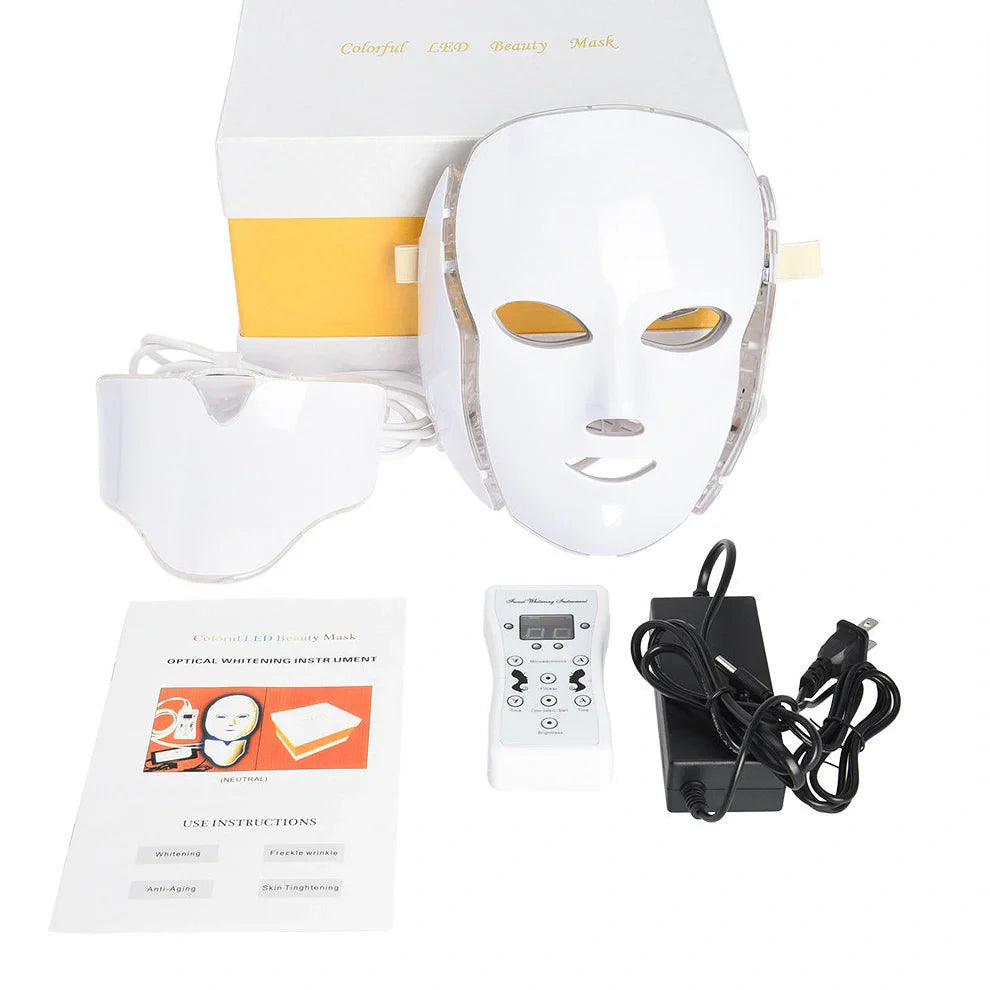 White plastic LED mask spectrometer for acne treatment with dimensions 24.5cm × 24.0cm × 17.0cm
