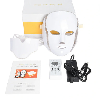 White plastic LED mask spectrometer for acne treatment with dimensions 24.5cm × 24.0cm × 17.0cm
