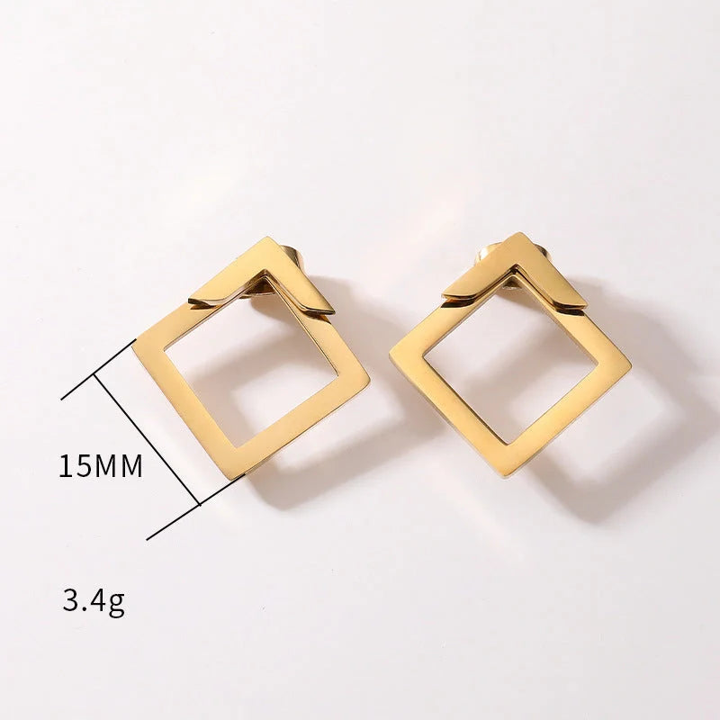 Women's titanium steel square geometric earrings in gold, steel, and rose gold