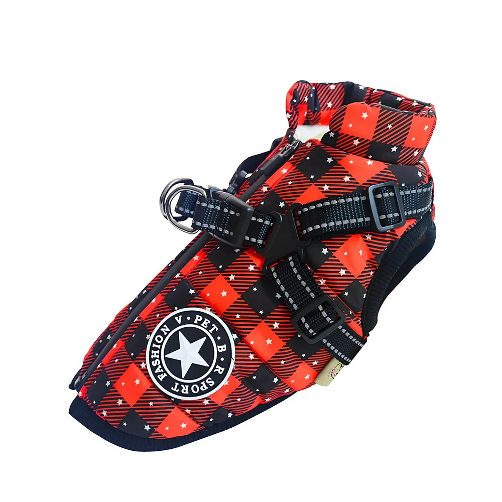 Red cotton chest back integrated vest on dog, sizes S-2XL, waterproof washable pet winter clothing