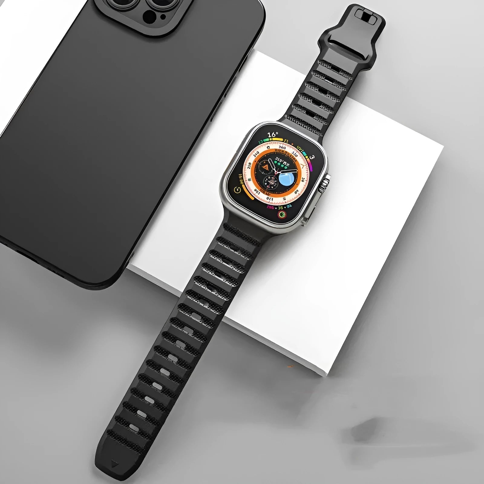 Fluoro rubber Apple Watch replacement strap with T buckle clasp in multiple colours.