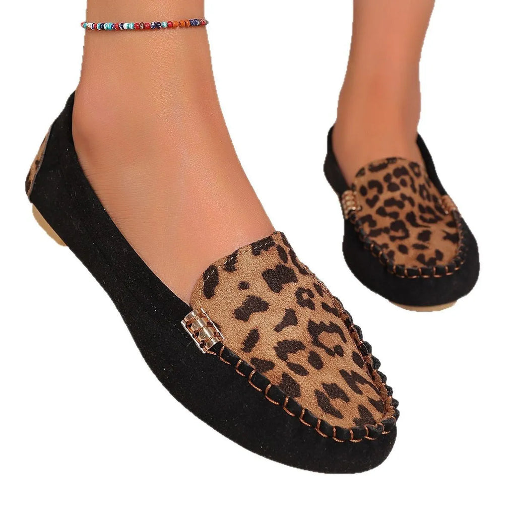 Flat slip-on women's leopard print loafers with mesh lining, flat heel, sizes 35-44