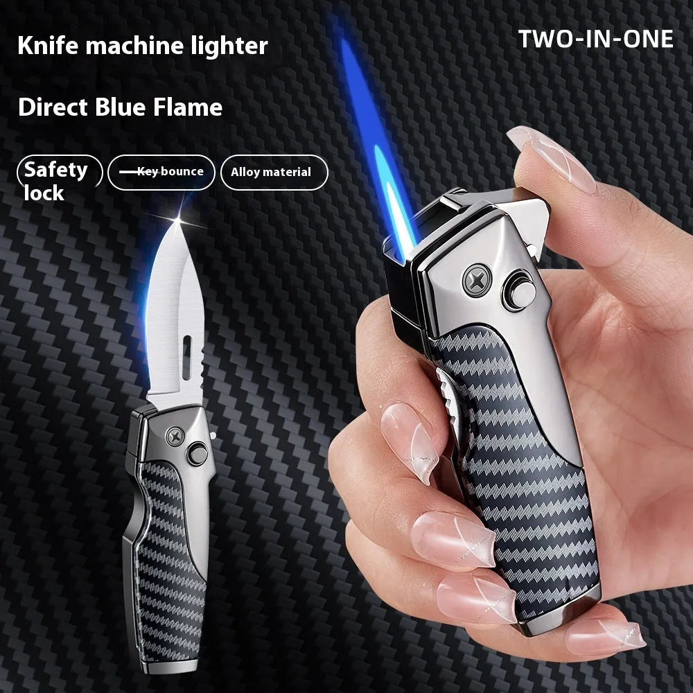 Zinc alloy metal folding lighter and knife multi-tool in a wood grain finish.