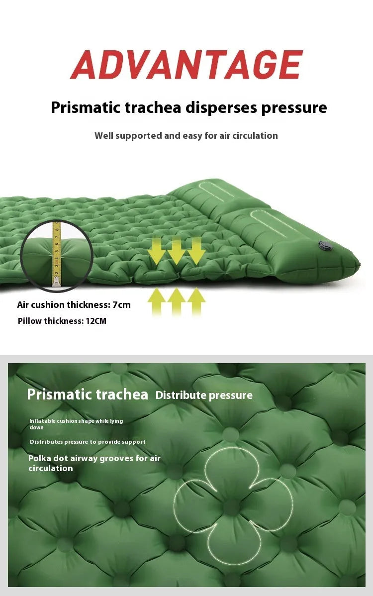 Double-wide camping air mattress with integrated pillow in army green colour, shown inflated.