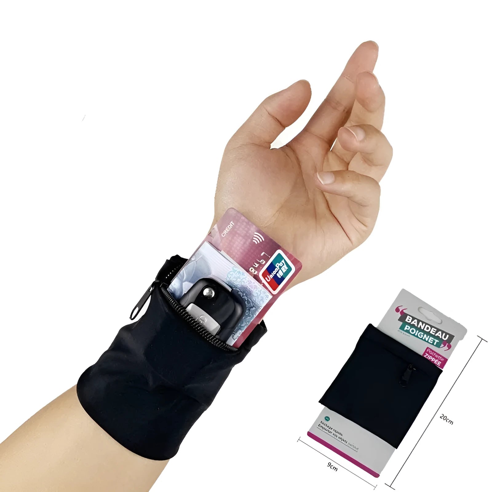 Compact 10 by 10.5 cm black armband sleeve for mobile phone, shown with packaging.