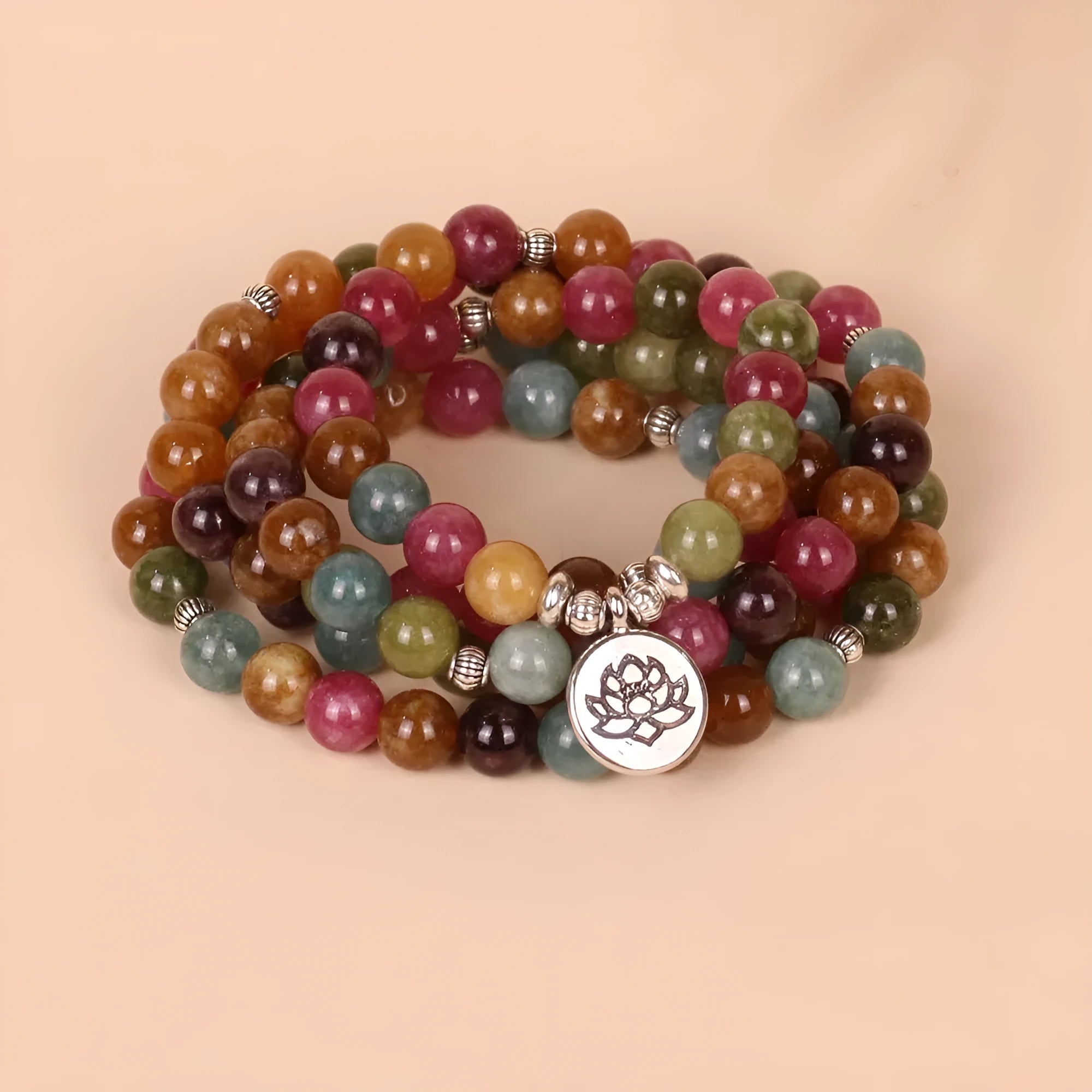 108-bead multi-layer lotus bracelet with alloy construction and tourmaline-coloured beads
