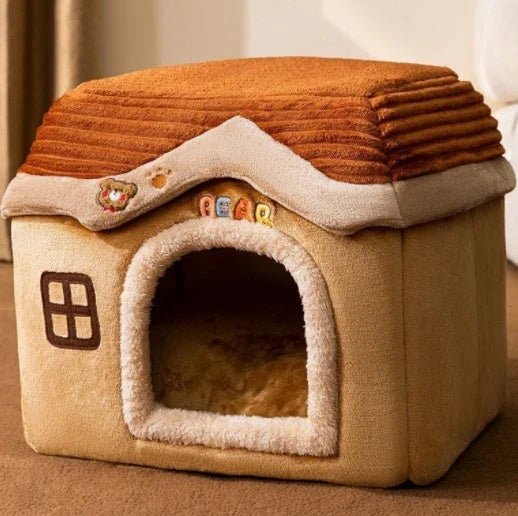 Cozy Pet Cave: Foldable plush dog house with warm removable cushion in various color options