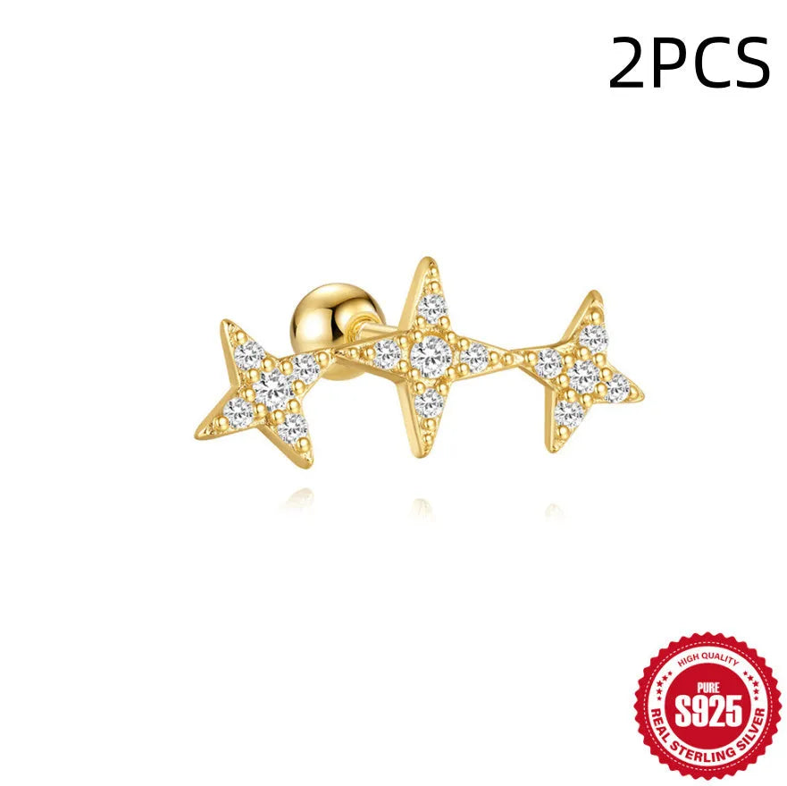 S925 sterling silver square stud earrings with red gravel texture and a golden electroplated flower centre.