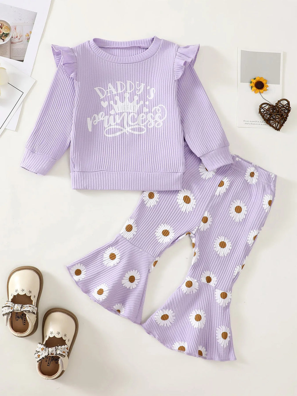 Baby girl cotton long sleeve sunken stripe top and flower print trousers two-piece set in pink