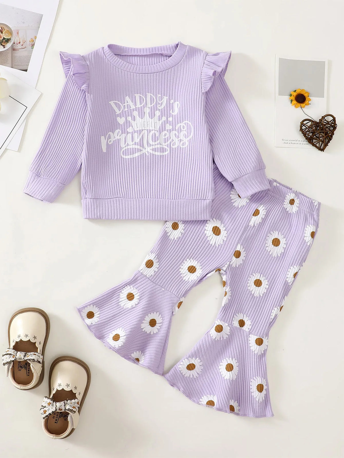 Baby girl cotton long sleeve sunken stripe top and flower print trousers two-piece set in pink