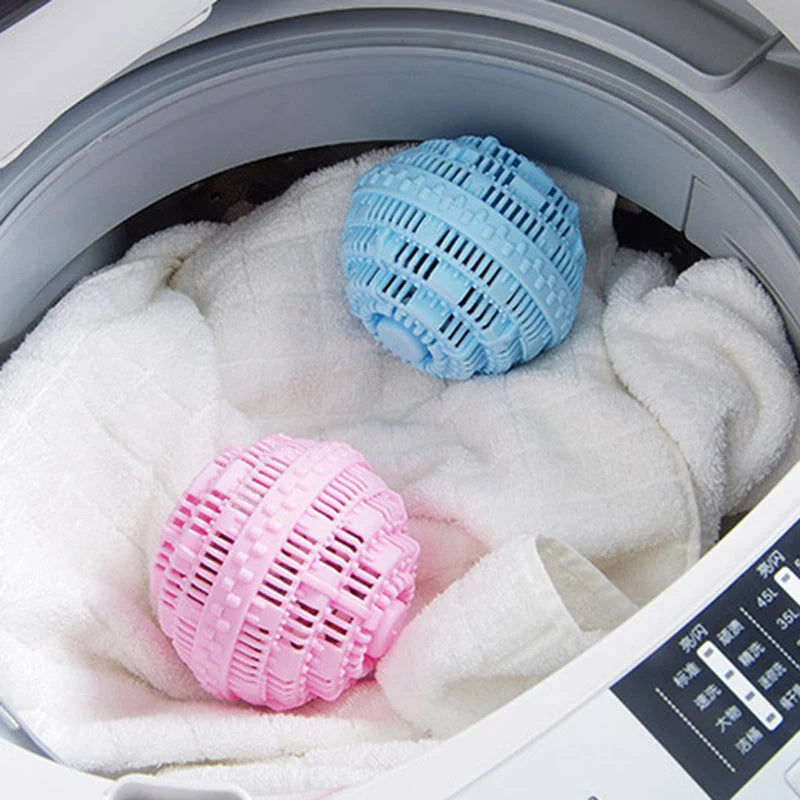 Laundry ball in blue, pink, white, and green for effective clothes cleaning