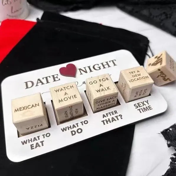 Wooden date night dice game set showing five dice, a rectangular wooden board, and a black fabric storage bag.