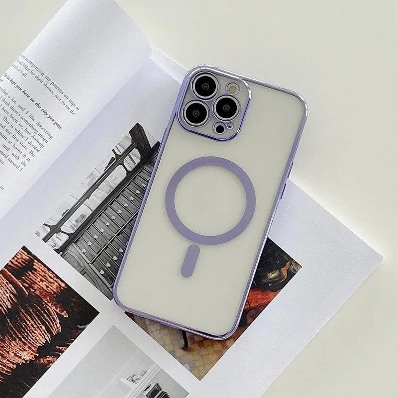 Magnetic charging phone case with plated frame for iPhone in solid colour plastic back cover