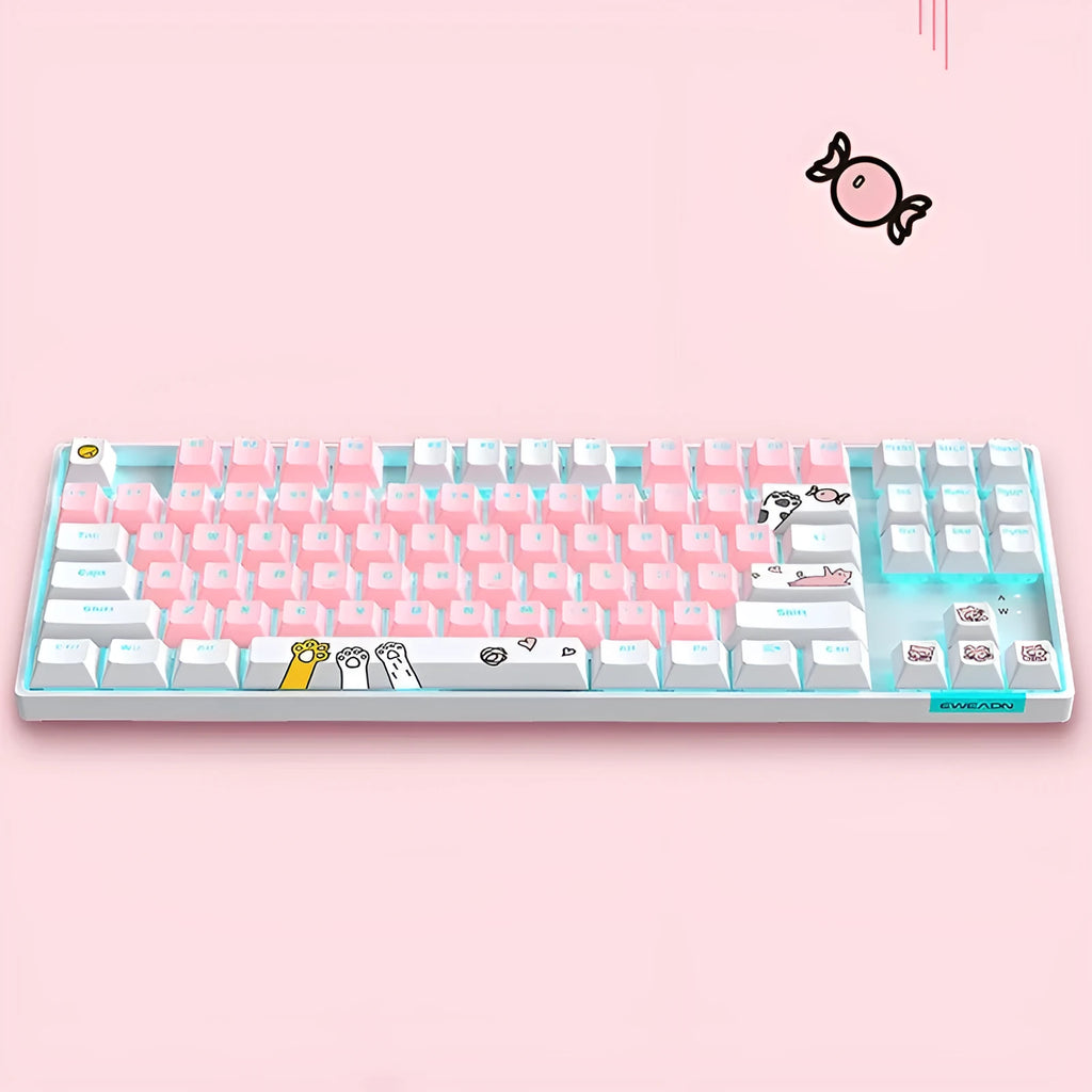 TK916 87-key green shaft RGB mechanical keyboard with metal panel and USB cable, white and pink colour