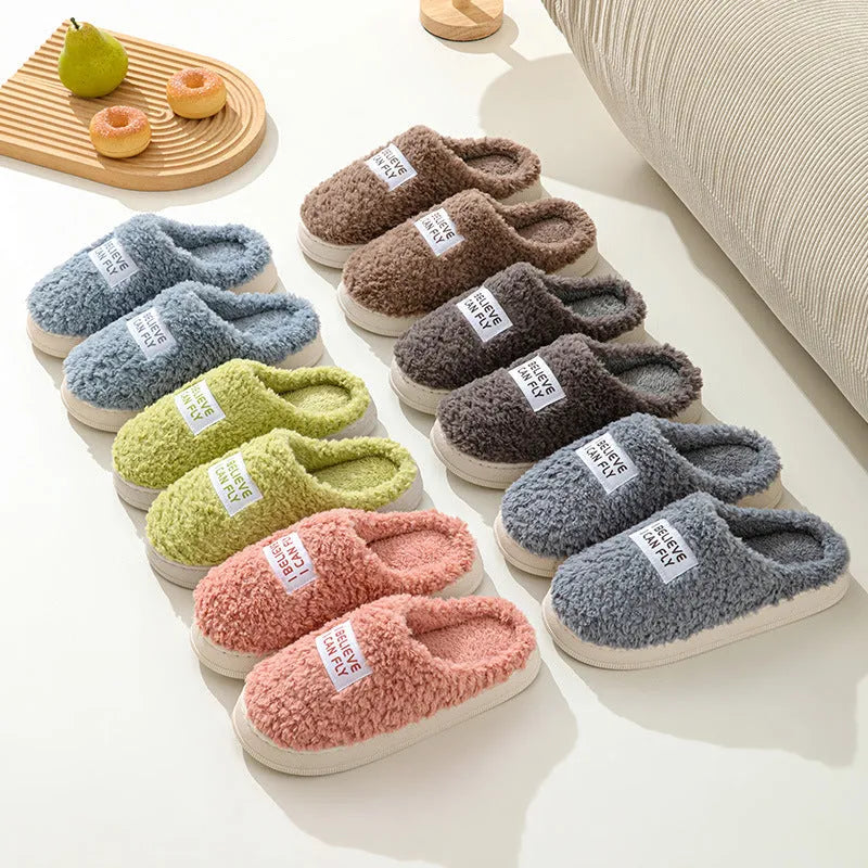 Letter design thick sole fluffy slippers in dark grey with plush upper and PVC sole for non-slip winter use