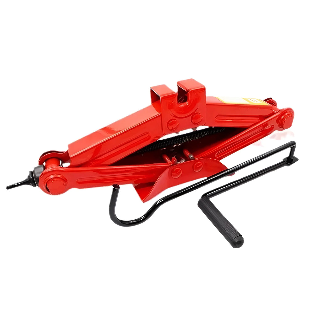 Red steel ratchet laboursaving scissor car jack with 2.5 tonne capacity and socket base