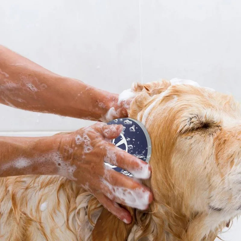 Handheld silicone dog shampoo brush with massage points in blue colour
