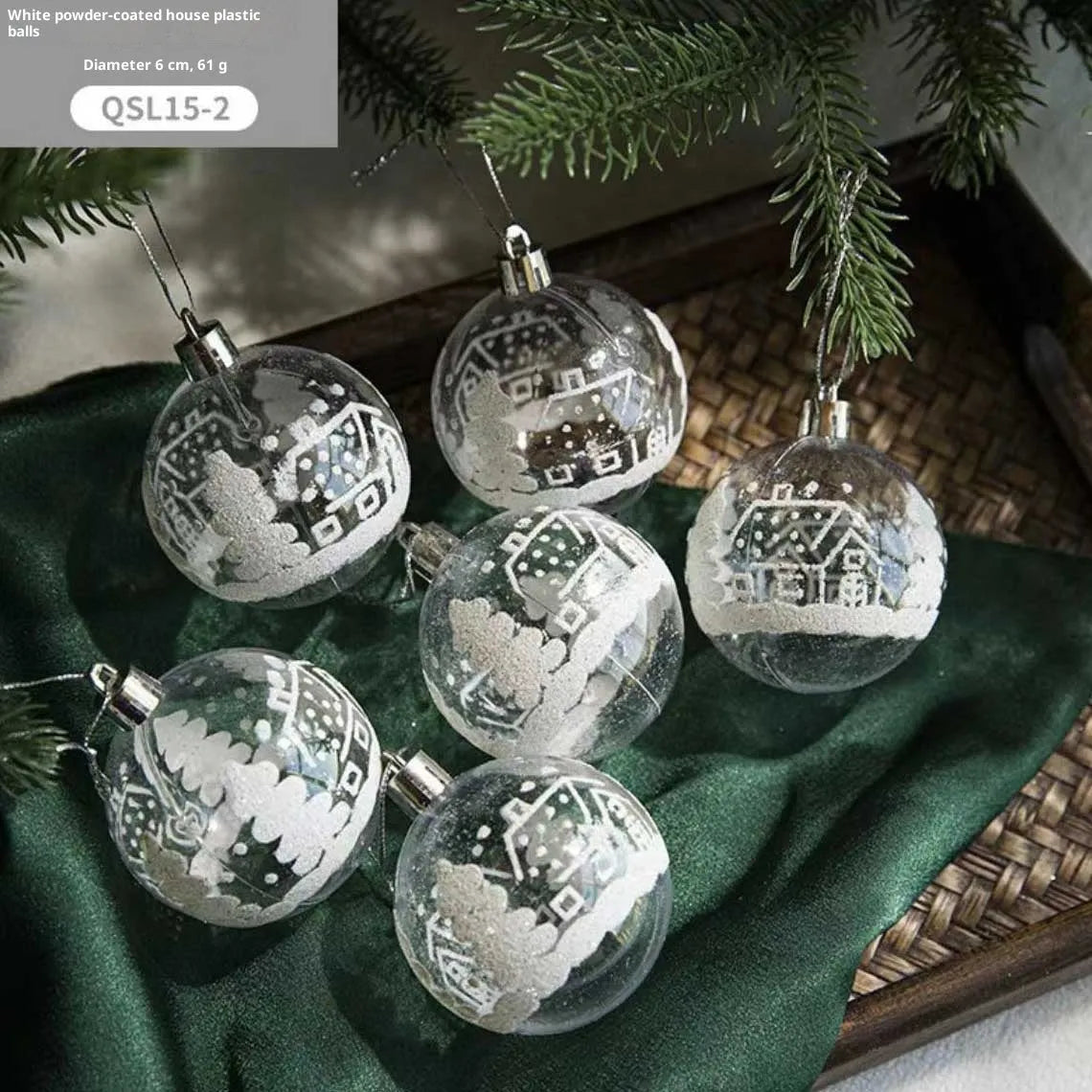 Set of 6 hand painted transparent acrylic Christmas baubles 6cm in diameter