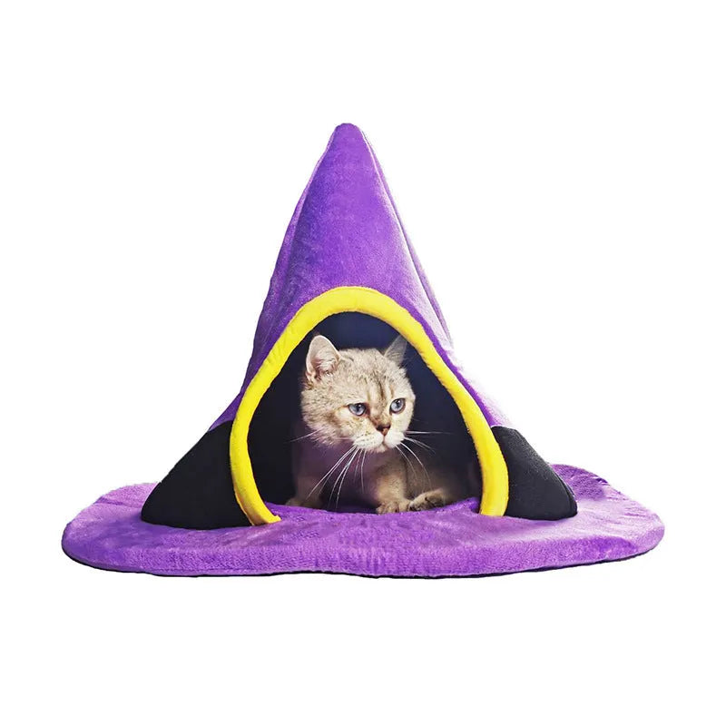 Purple Halloween witch hat shaped cloth cat nest bed measuring 60cm by 45cm