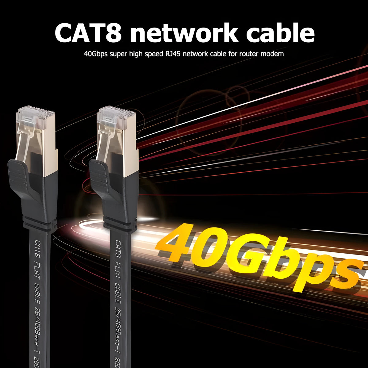 Cat8 40Gbps SFTP Ethernet cable with gold-plated RJ45 connectors on white background