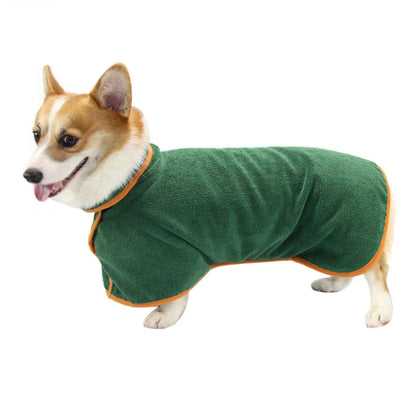 Plush pet bathrobe with adjustable strap, designed for rapid drying and gentle care of your furry friend