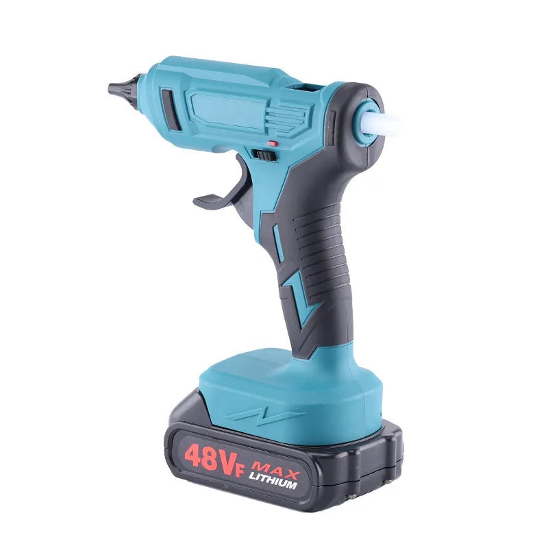 Rechargeable hot melt glue gun with 21V batteries, charger, and 11mm adhesive sticks for cord-free applications