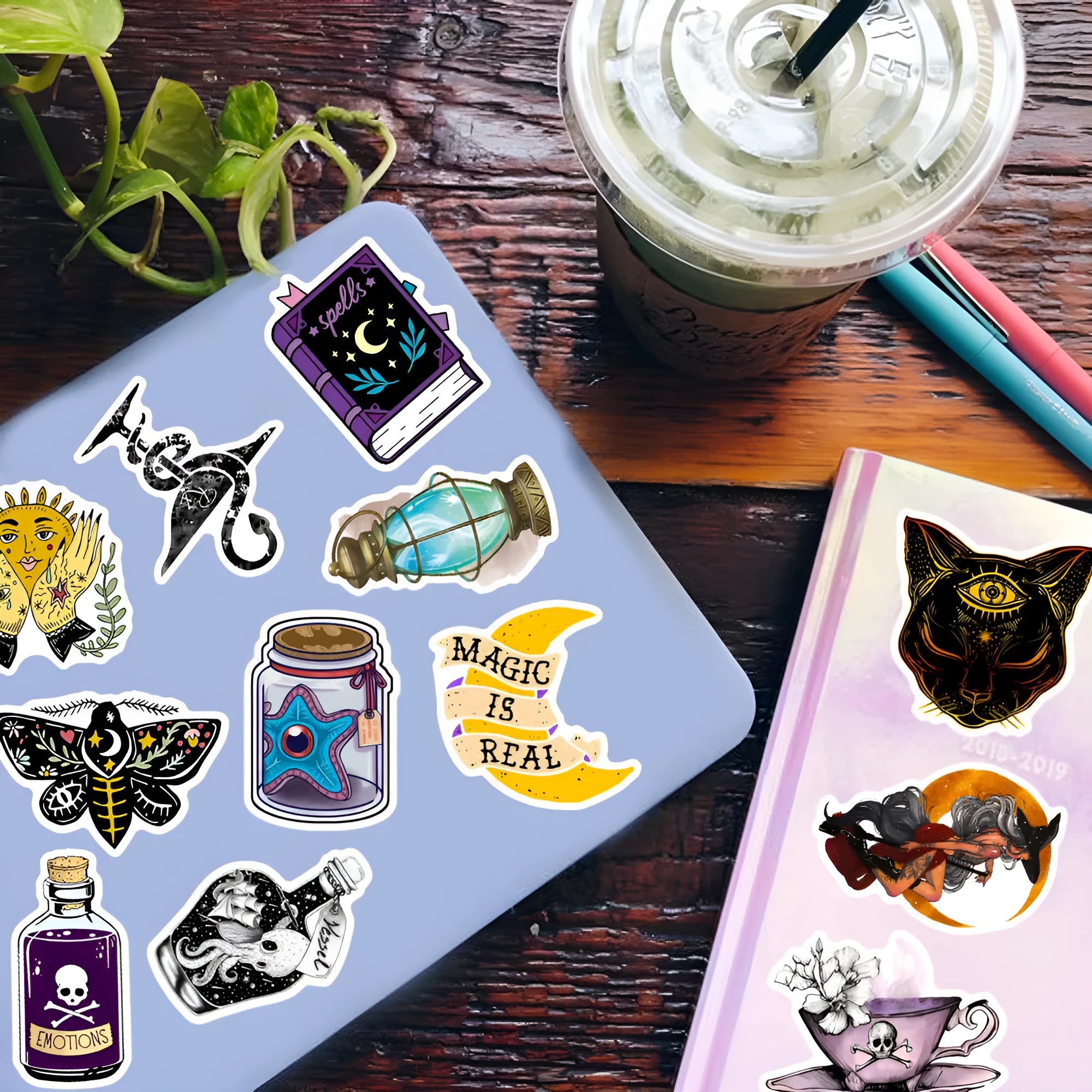 Set of 50 colourful waterproof PVC stickers for luggage and smooth surfaces, sizes 3 to 8 cm.