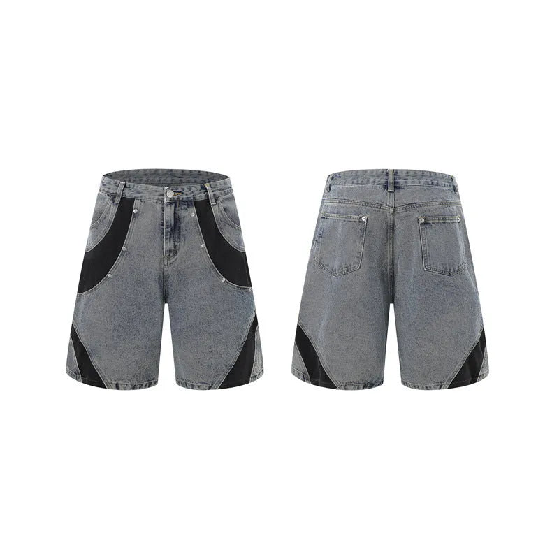 Retro washed denim shorts set with jacket and trousers in blue on a model.