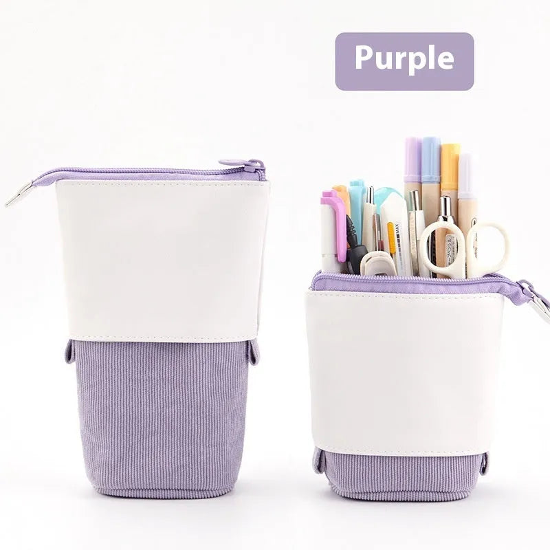 Drop-down telescopic stationery case in Korean style, shown in multiple PU corduroy colours.