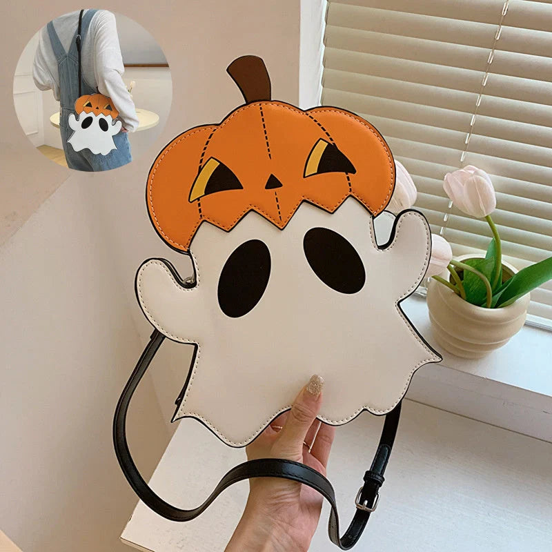 Halloween shoulder bag with 3D cartoon pumpkin ghost design in white