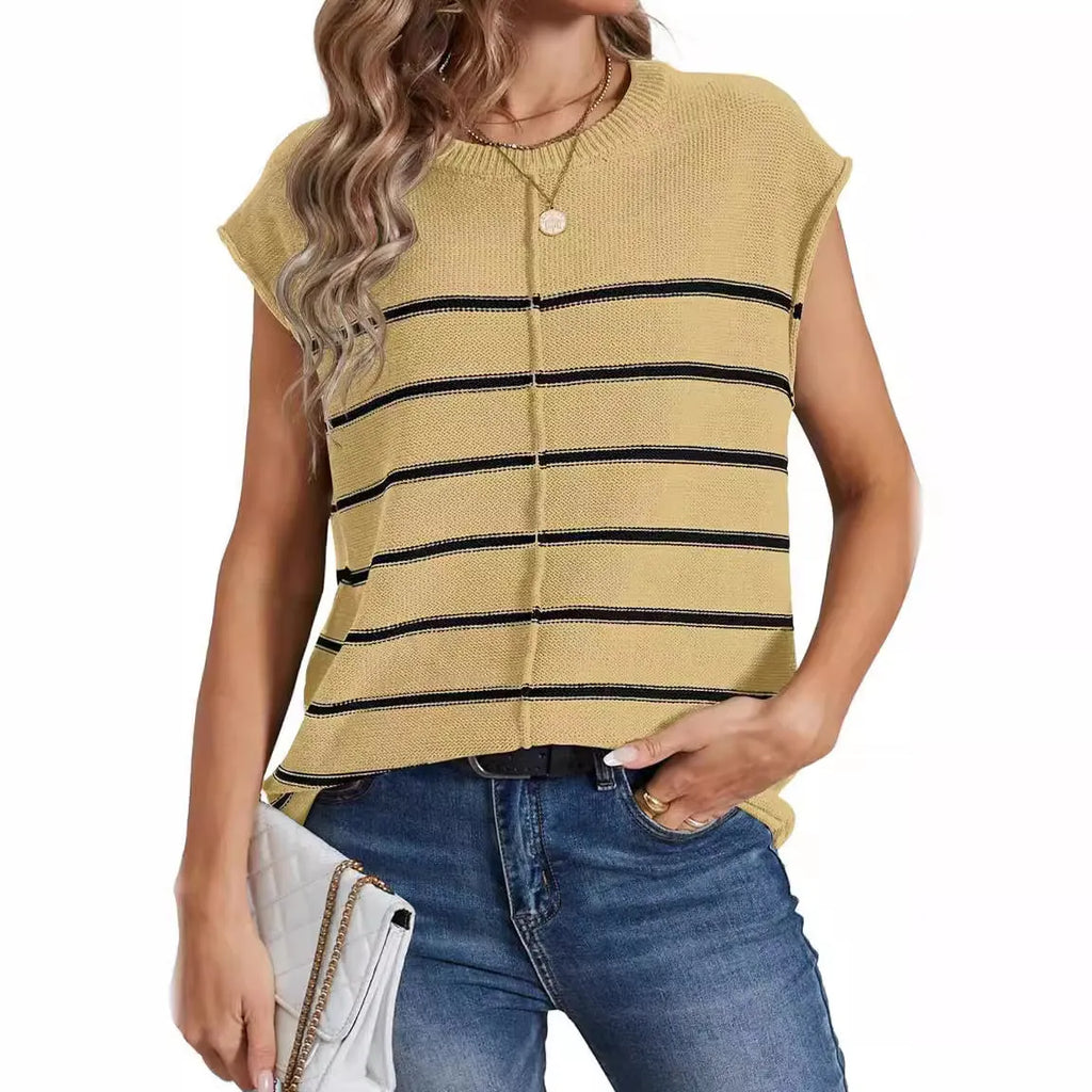 Women's striped sleeveless pullover vest with bone stitching detail in acrylic knit.