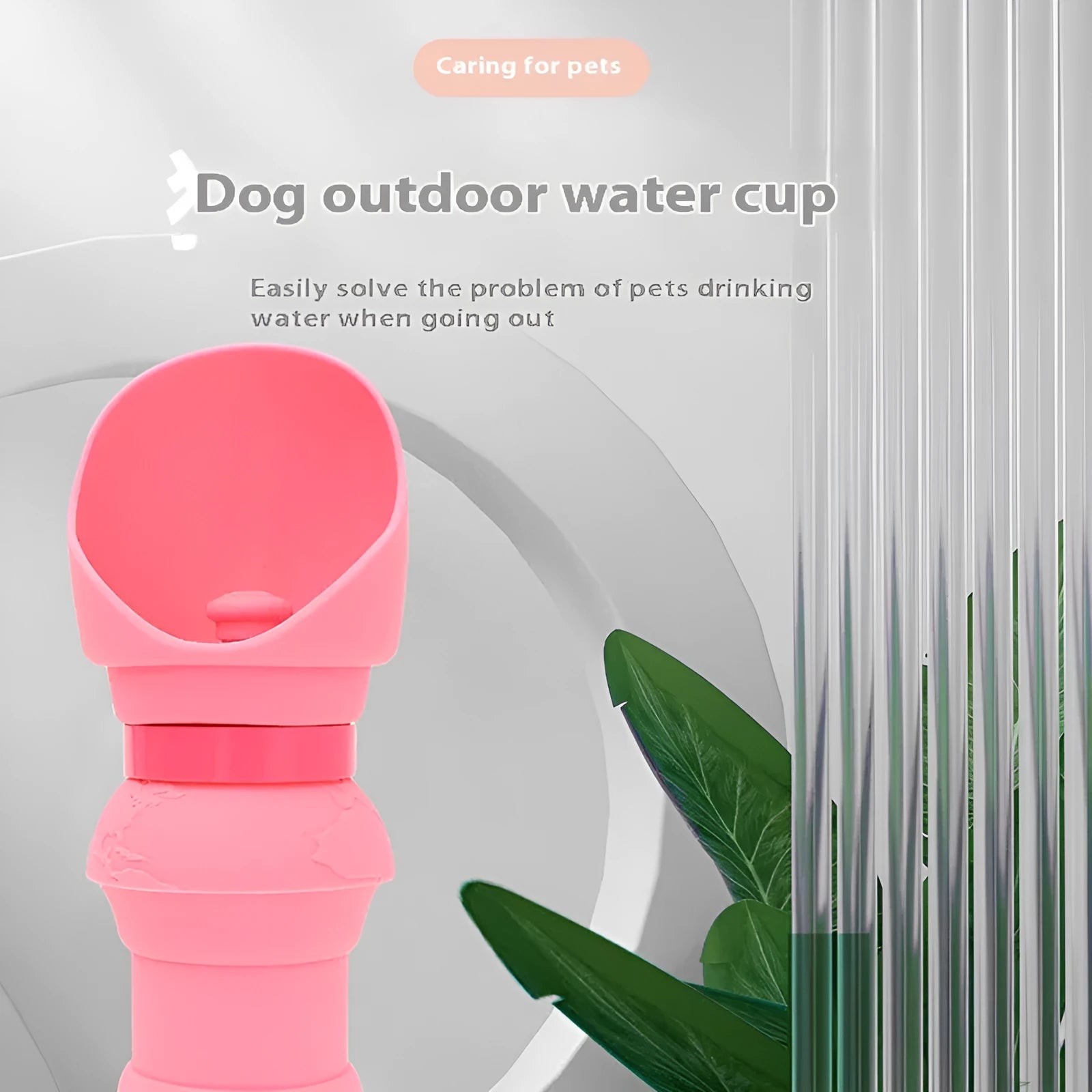 Silicone folding pet water cup shown in pink, collapsed for storage and opened for use