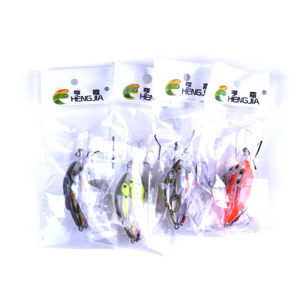 A 7.5 cm long ABS plastic fishing lure with a feather hook, shown in one of nine available colours.