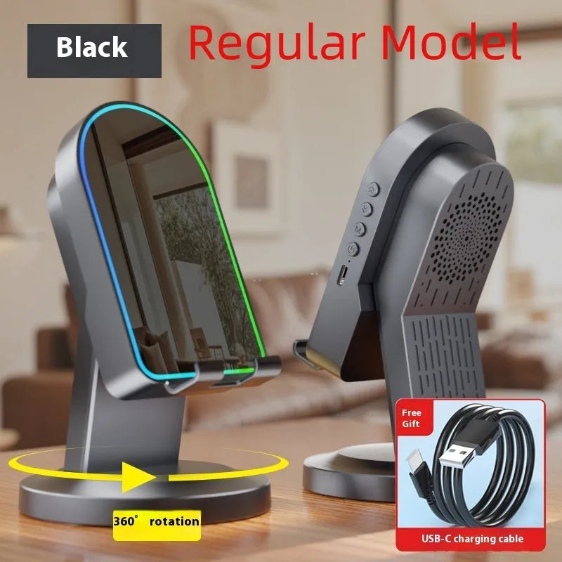 Three-in-one wireless induction speaker Bluetooth speaker bracket in black mirror style with phone holder and built-in battery