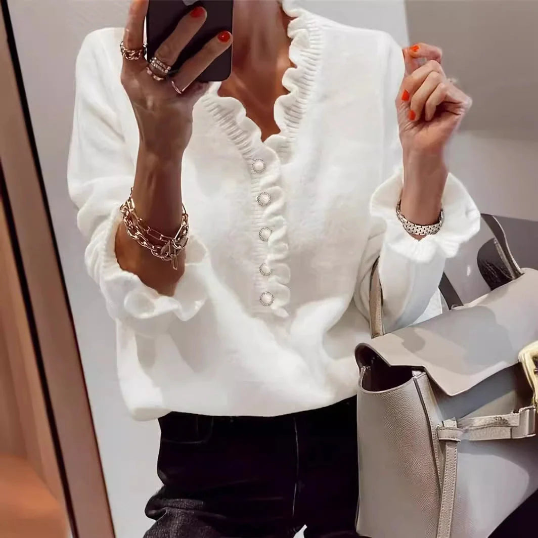 Winter V-neck Ruffled Knitted Sweater for Women in black, white, and pink