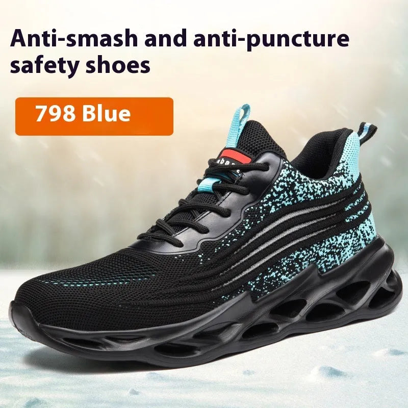 Lightweight brown leather steel toe cap safety work boots on a worksite background.