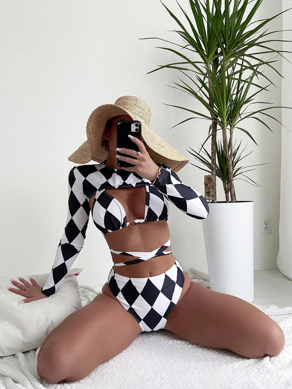 Ladies plaid three-piece long sleeve bikini set on mannequin showing front and back views