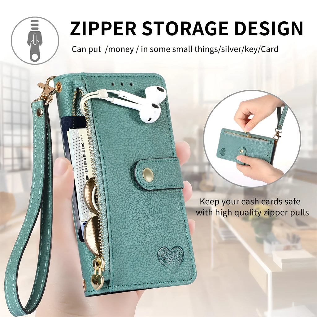 Pink PU leather litchi pattern RFID anti-theft lanyard phone case for iPhone with short lanyard and kickstand