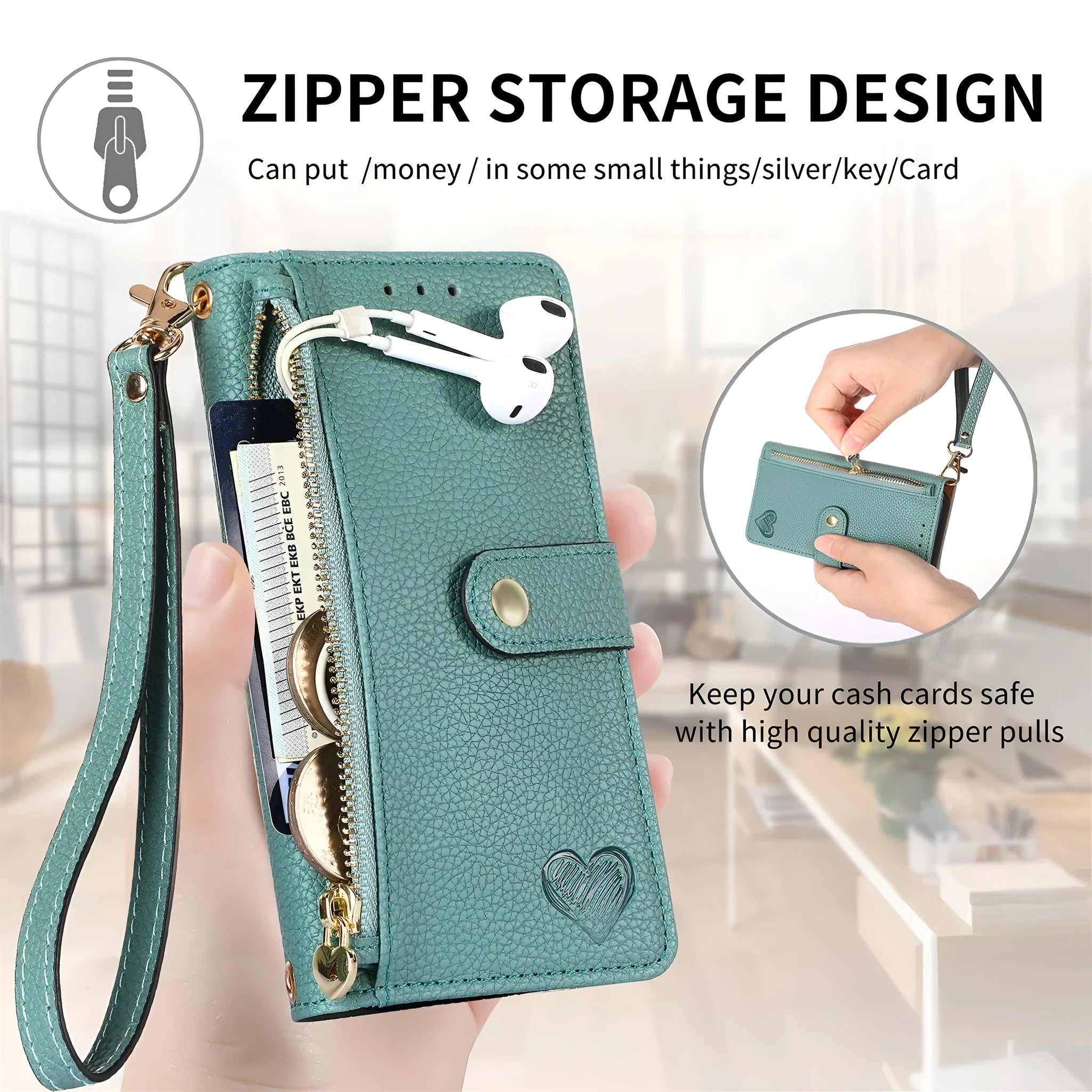 Pink PU leather litchi pattern RFID anti-theft lanyard phone case for iPhone with short lanyard and kickstand