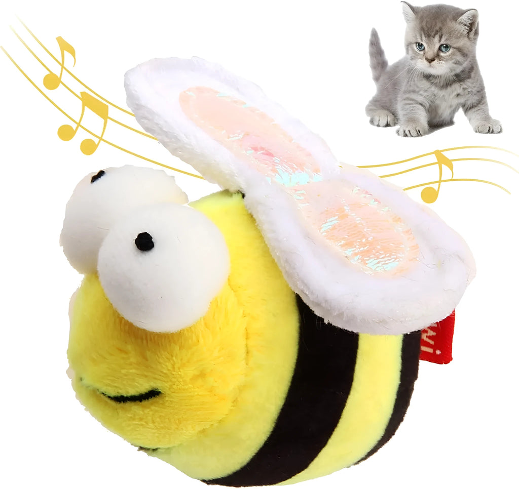 Yellow flannelette bee-shaped interactive cat toy with motion-activated sound electronics