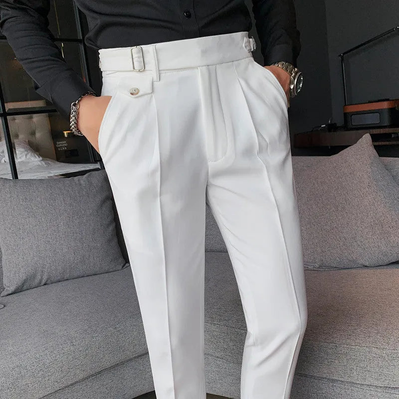 Men's solid colour straight leg casual trousers in polyester, shown in a light colour on a hanger.