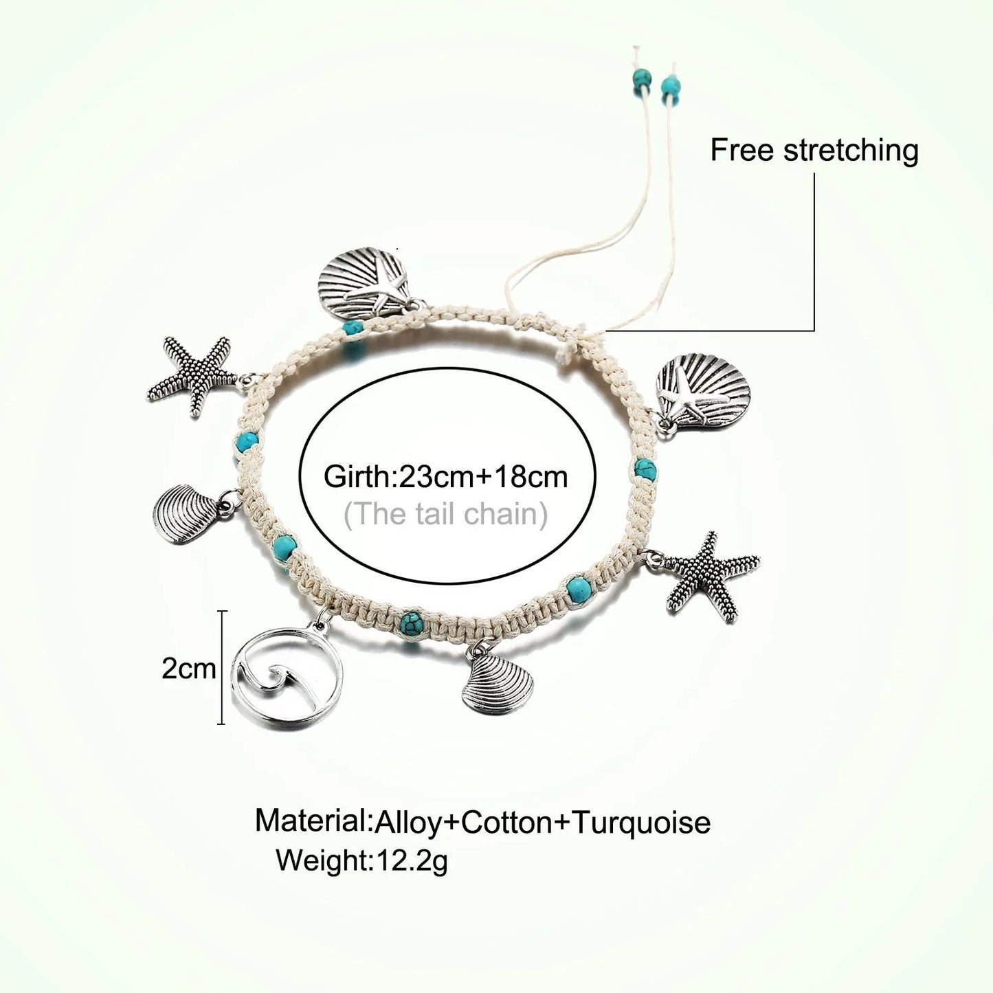 Green and blue star fish anklet for women, beach foot jewelry