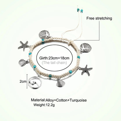 Green and blue star fish anklet for women, beach foot jewelry